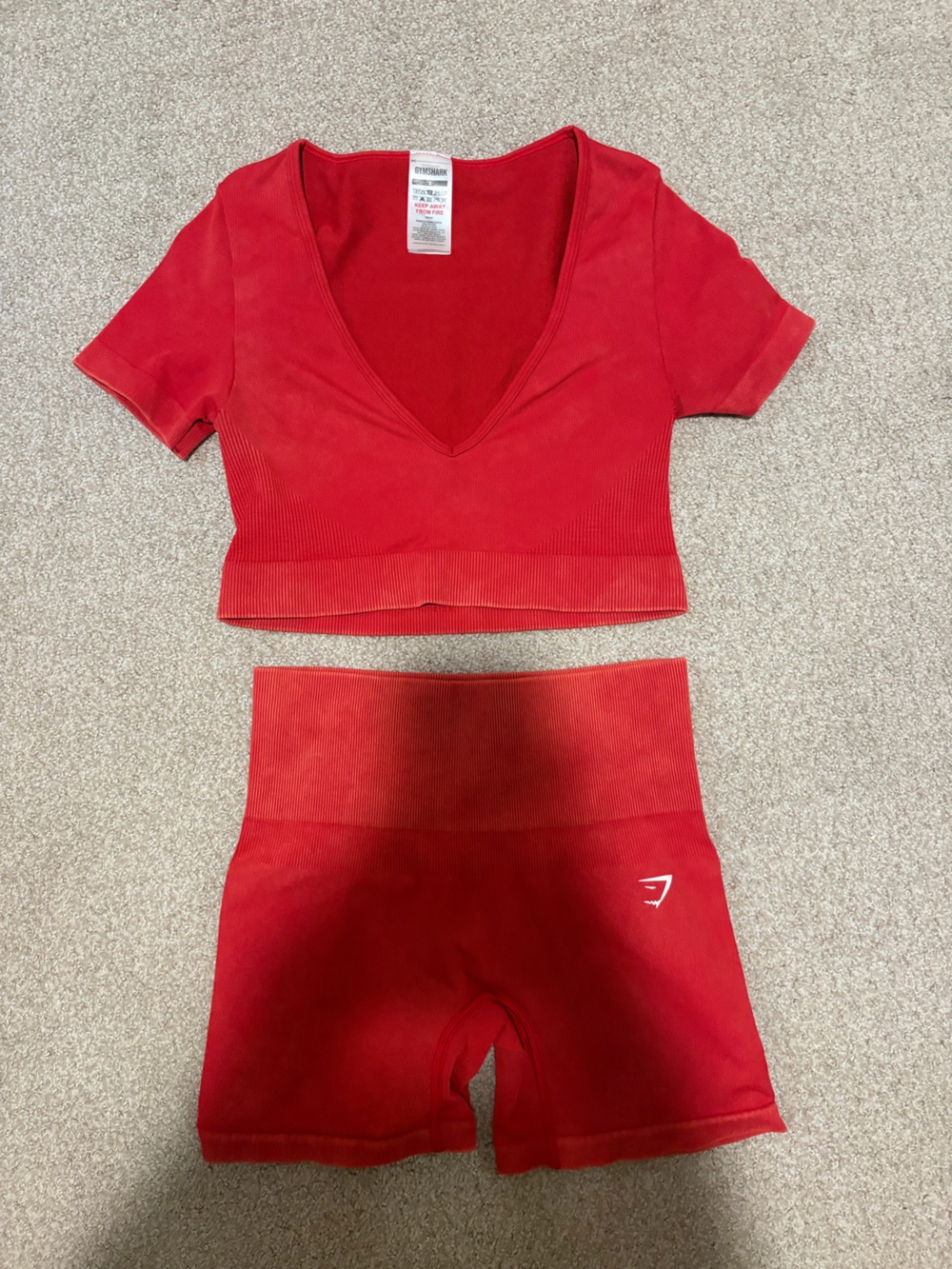 Gymshark Red Seamless V-Neck Crop Top and High-Waist Bike Shorts Set